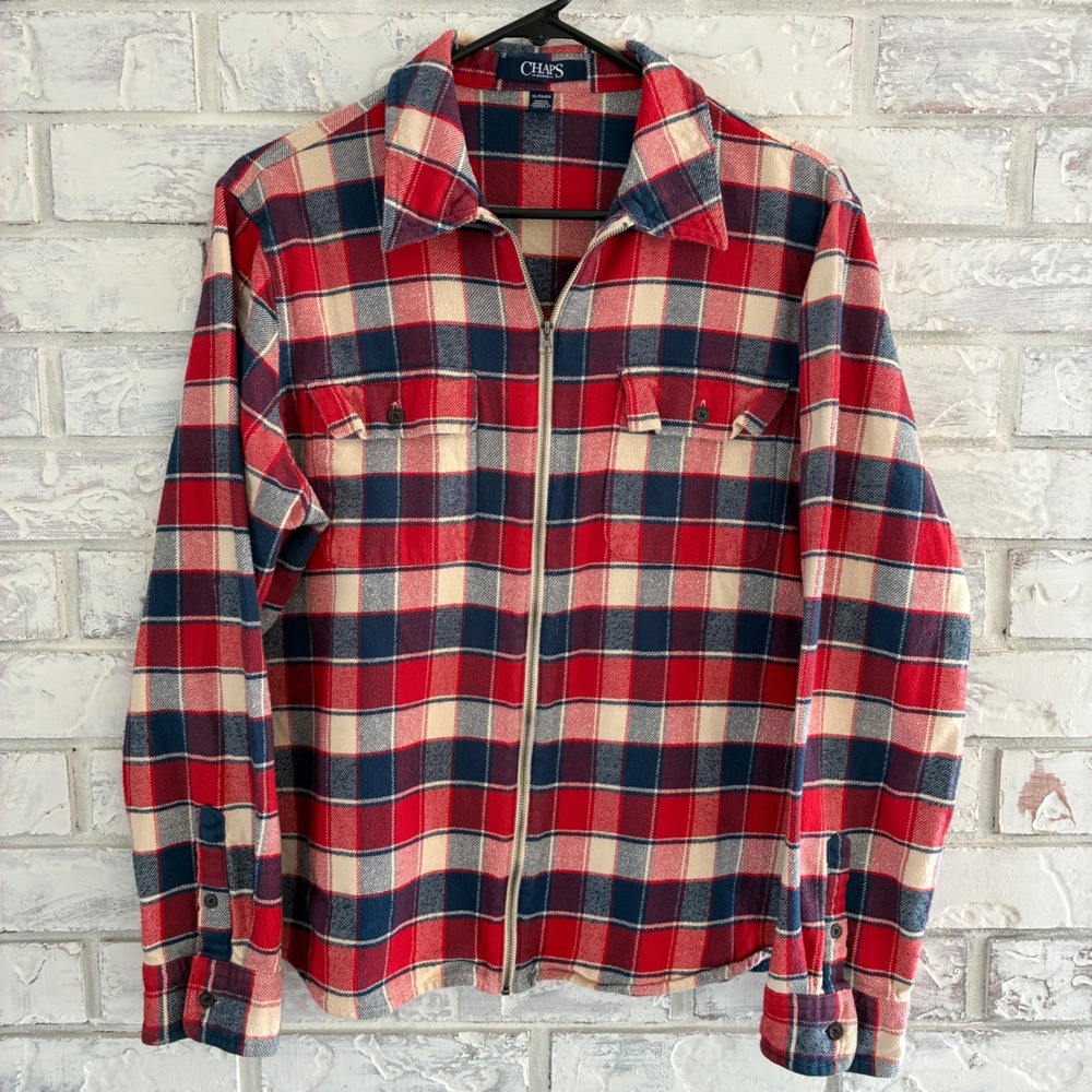 Chaps Denim Womens XL Plaid Flannel Shirt Jacket Red Navy Cream Full Zip Shacket